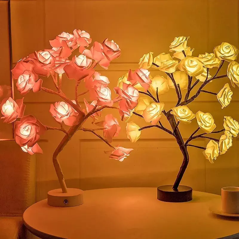 ไฟ LED ต้นไม้ดอกกุหลาบ24ดวงแบบแปลกใหม่โคมไฟตั้งโต๊ะแบบ USB lampu tidur นางฟ้าปาร์ตี้คริสมาสต์งานแต่งงานของขวัญตกแต่งห้องนอน