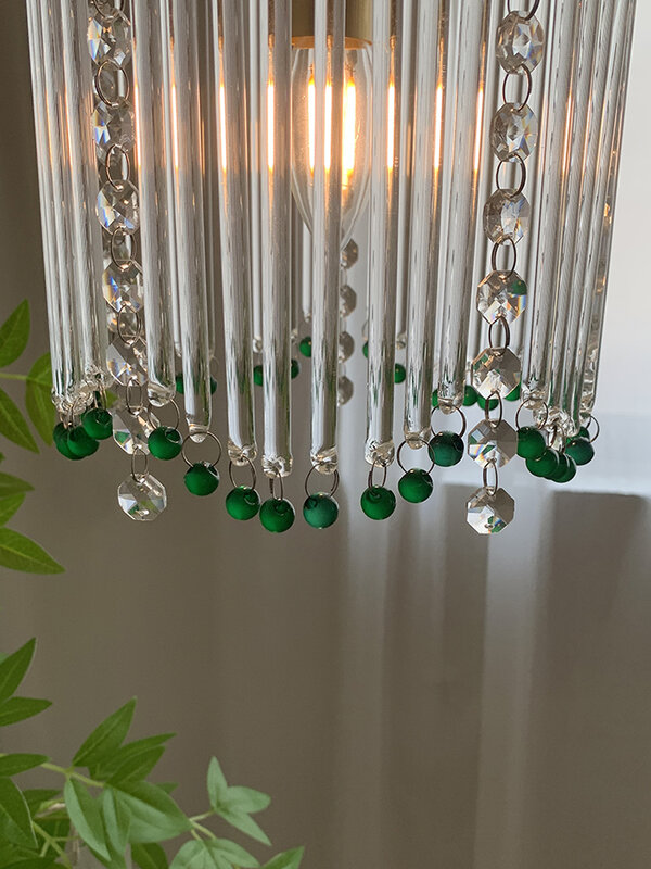 Lámparas colgantes de cristal de lujo Retro, luces colgantes pequeñas, cuentas redondas, verde oscuro francés, borla de cabecera de dormitorio