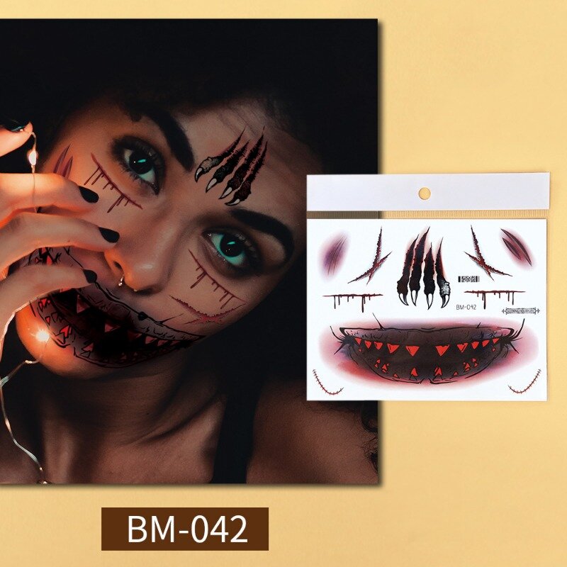 18 Styles Halloween Horror Big Mouth Face Sticker Funny Spooky Makeup Party Waterproof Tattoo Sticker Cosplay Accessories