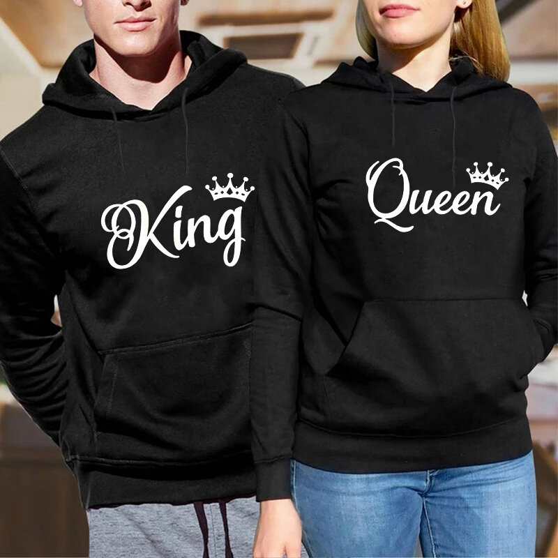 Nam Nữ Cặp Đôi Áo Khoác Dài Tay Khoác Hoodie Vua Và Hoàng Hậu In Hình Người Tình Trùm Đầu Sweatershirt Chui Đầu Cặp Áo Khoác
