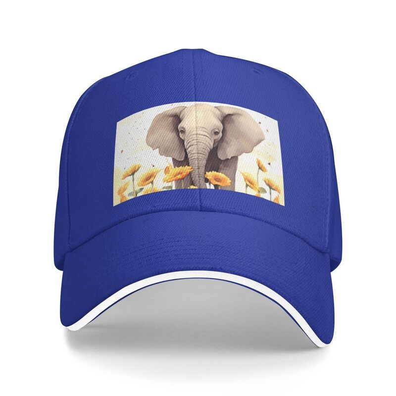 Boné de beisebol ajustável para homens e mulheres, estampado elefante e girassol, chapéu camionista de perfil baixo, azul, boné pai elegante
