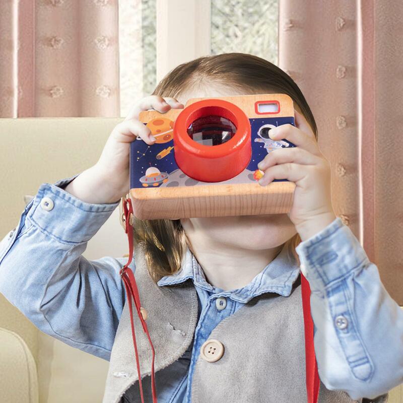Wooden Camera Toy Adjustable Neck Lanyard with Sound and Light for Kids Toy Boys Girls Photographed Props Birthday Party Toy
