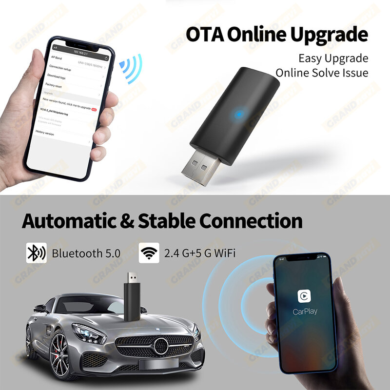 Grandnavi-Dongle Mini Sem Fio Carplay, Adaptador USB Apple, Leitor multimídia automotivo, OEM, Audi, Volkswagen, Volvo, Ford, Jeep, Benz