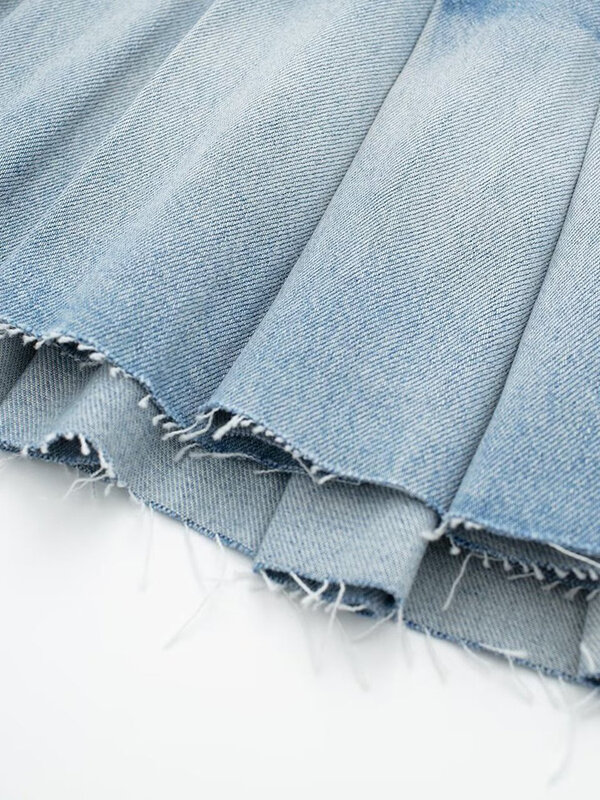 Denim Pleated Skirt For Women Belt Mid Waist Burrs Design Casual Fashion Blue A-line Mini Skirts Summer 2024 New Trendy XX321