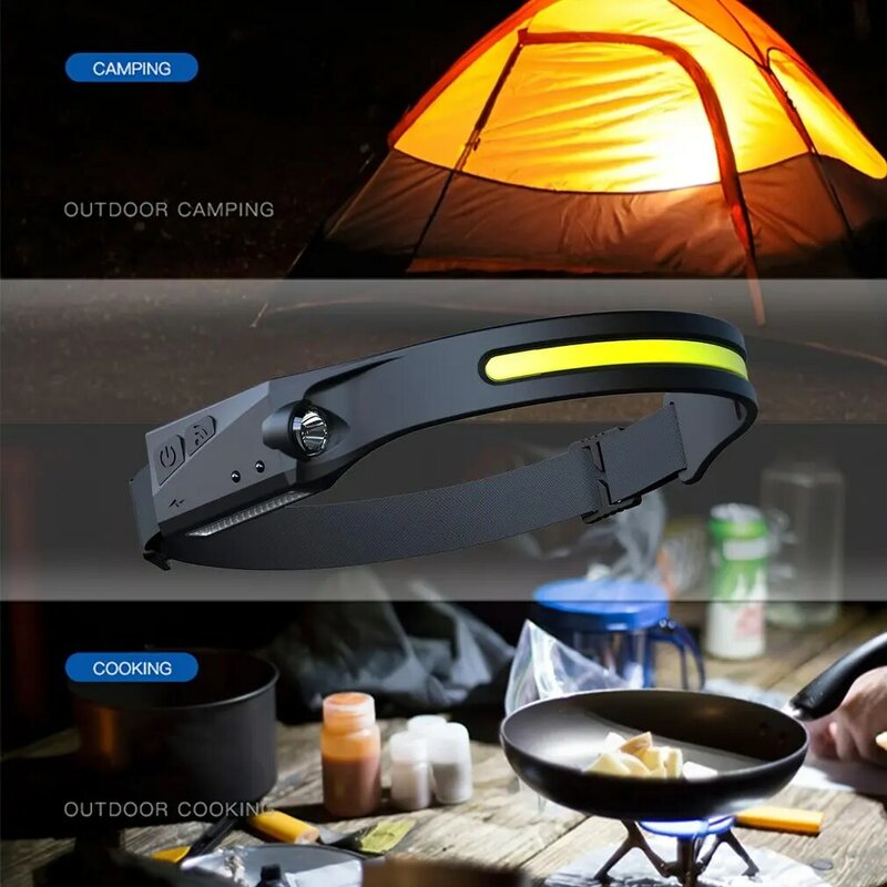 Lámpara de cabeza con Sensor LED COB, linterna de cabeza recargable por USB, luz de trabajo, faro impermeable, luz de búsqueda al aire libre para acampar y pescar