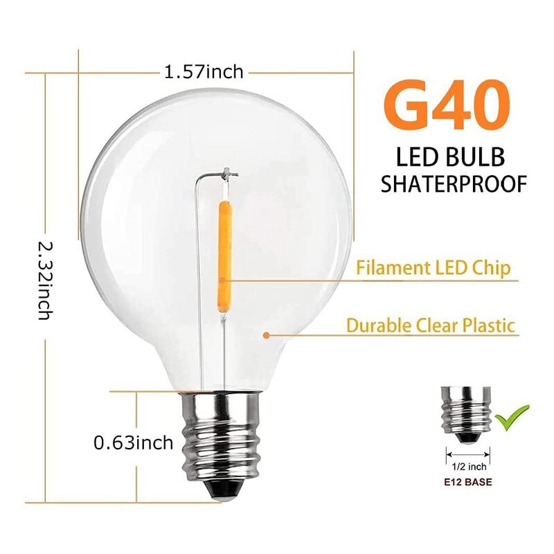 20 Pcs G40 LED Replacement Light Bulbs E12 Screw Base Shatterproof LED Globe Bulbs for Solar String Lights Warm