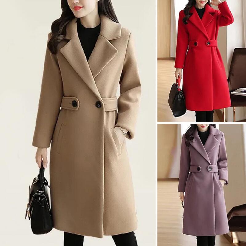 Double Button Women Jacket Stylish Mid-length Women's Overcoat Thick Solid Color Turn-down Collar Belted Button Closure for Fall