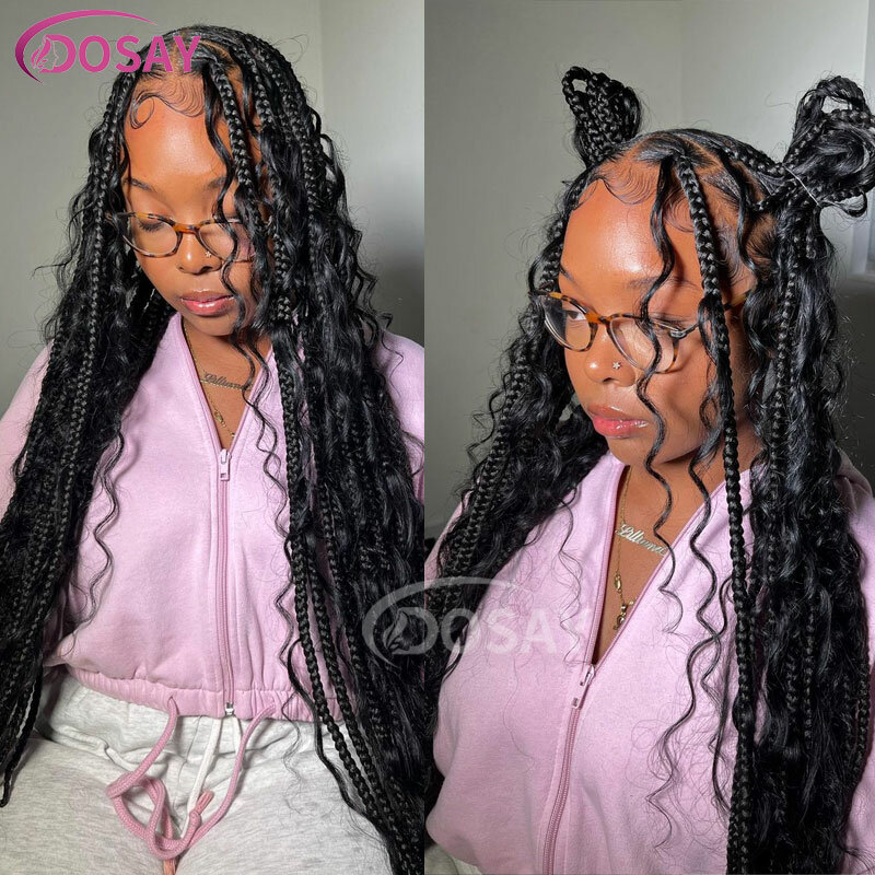 32Inch Boho Box Braided Wigs Bohemia Lace Front Goddess Locs Wig with Curly Ends Knotless Square Part Braided Wig with Baby Hair