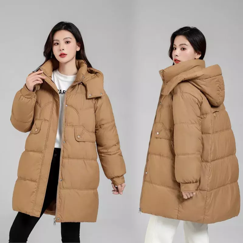 여성용 다운 코튼 코트, 긴 루즈 분리형 후드 파카 재킷, 캐쥬얼 두꺼운 보온 의류, 2023 겨울 신상 패션