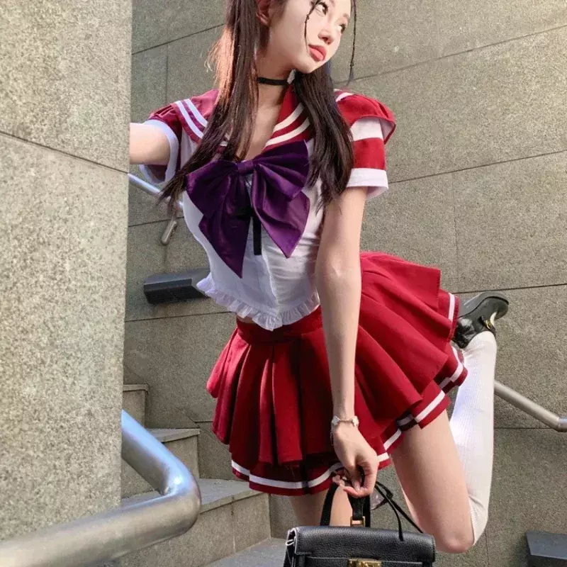 Japanese Sailor Uniform Set Women's Summer Y2k Girl JK Pleated Skirts Bow Spliching Short Sleeve Bodycon Shirt Two-piece Suit
