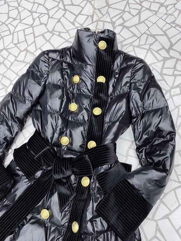 HIGH STREET-prendas de vestir exteriores de diseñador para mujer, abrigo de plumón largo con cinturón de empalme de terciopelo de doble fila, invierno, 2024