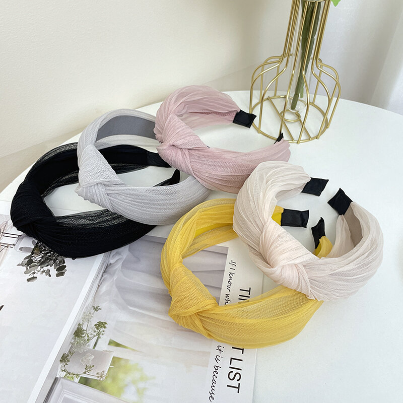 Fashion Pleated Gauze with Middle Knot Twisted Knot Wide Edge Hair Band Minimalist and advanced feeling Women's Hair Accessories
