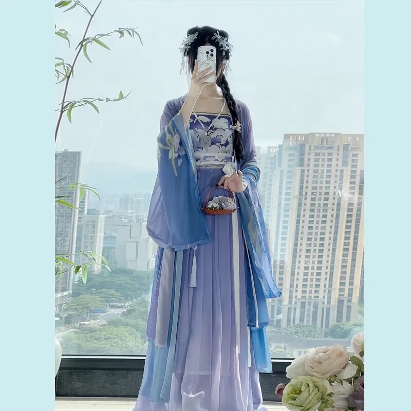 중국 한푸 원피스 여성 전통 빈티지 할로윈 코스프레 코스튬, 파란색 한푸 원피스 생일 파티 원피스, 송나라 한푸