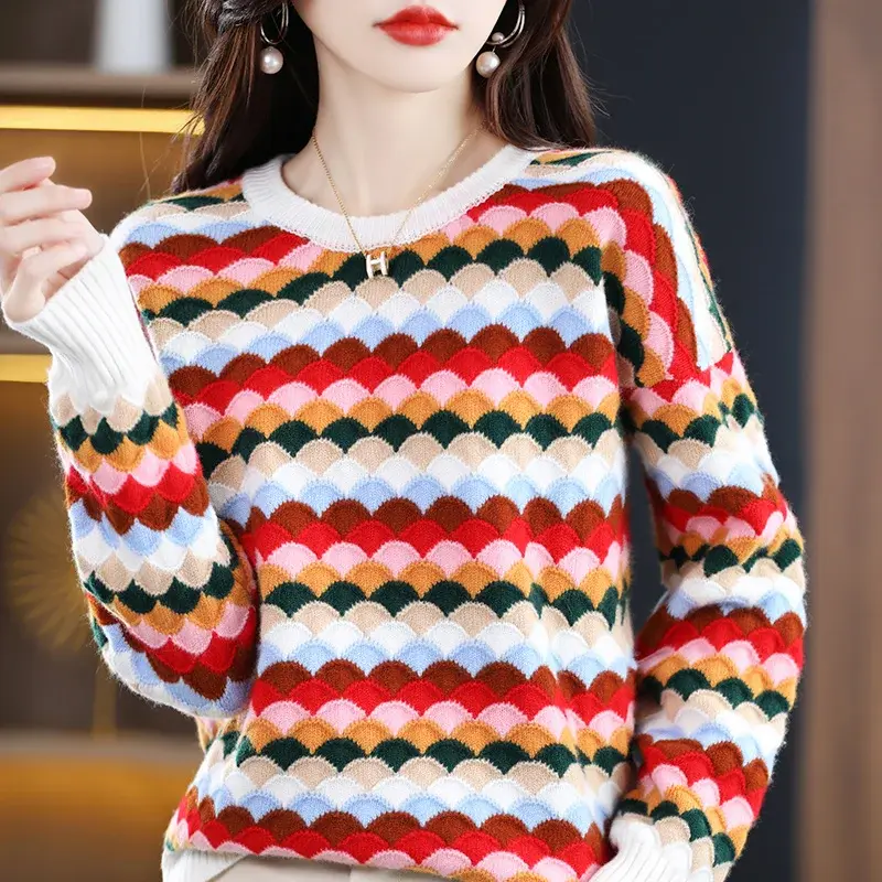 Autumn Winter Women 100% Merino Wool Sweater Rainbow O-Neck Loose Pullover Fashion Casual Knit Cashmere Sweater Bottoming Tops
