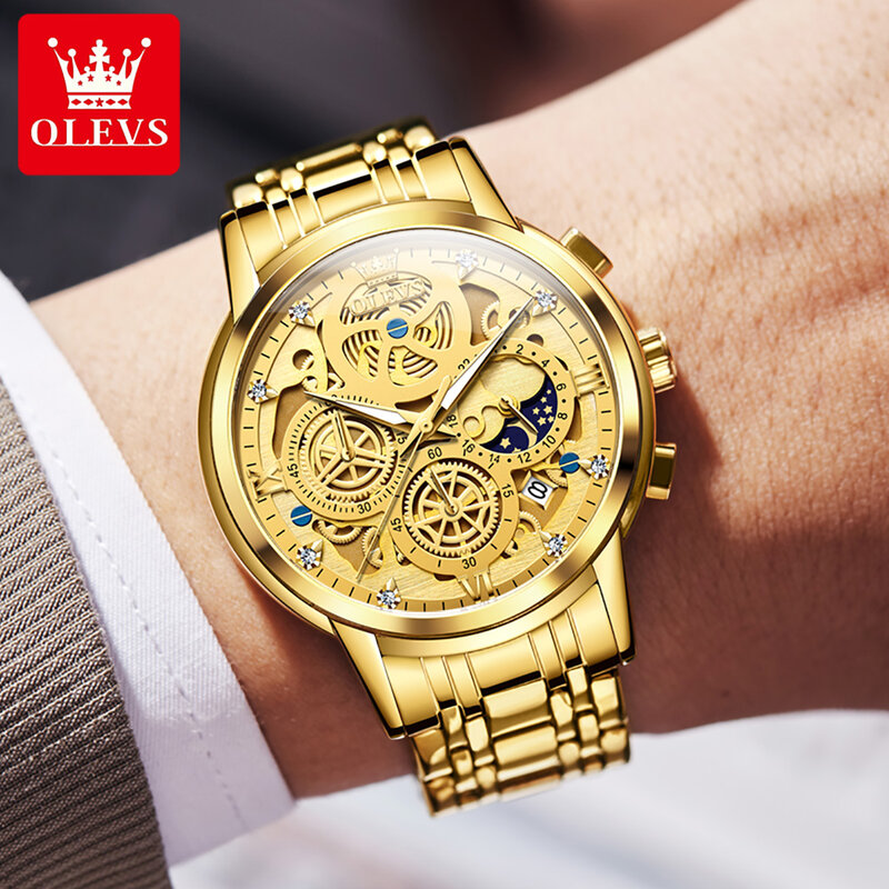 OLEVS jam tangan kuarsa emas pria, arloji kerangka kronograf Stainless Steel tahan air untuk lelaki