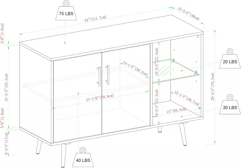 Theo Mid Century Modern 2 Door Asymmetrical Glass Shelf Buffet, 44 Inch, Dark Walnut