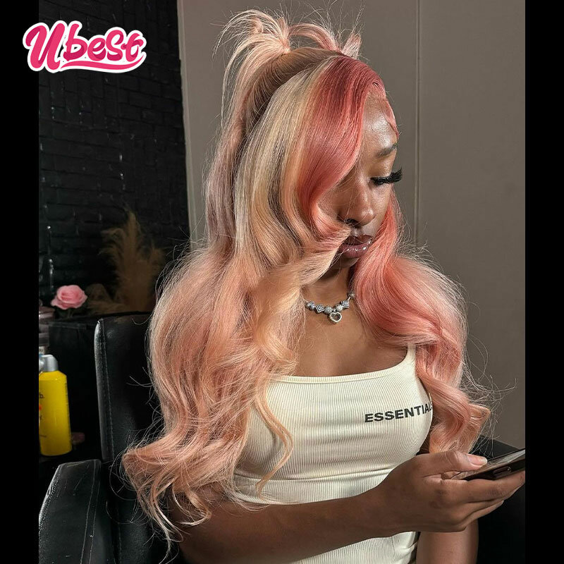 Peruca de cabelo humano frente brasileira onda do corpo para mulheres, Ombre cor rosa pêssego, 200% transparente peruca frontal do laço, 13x6