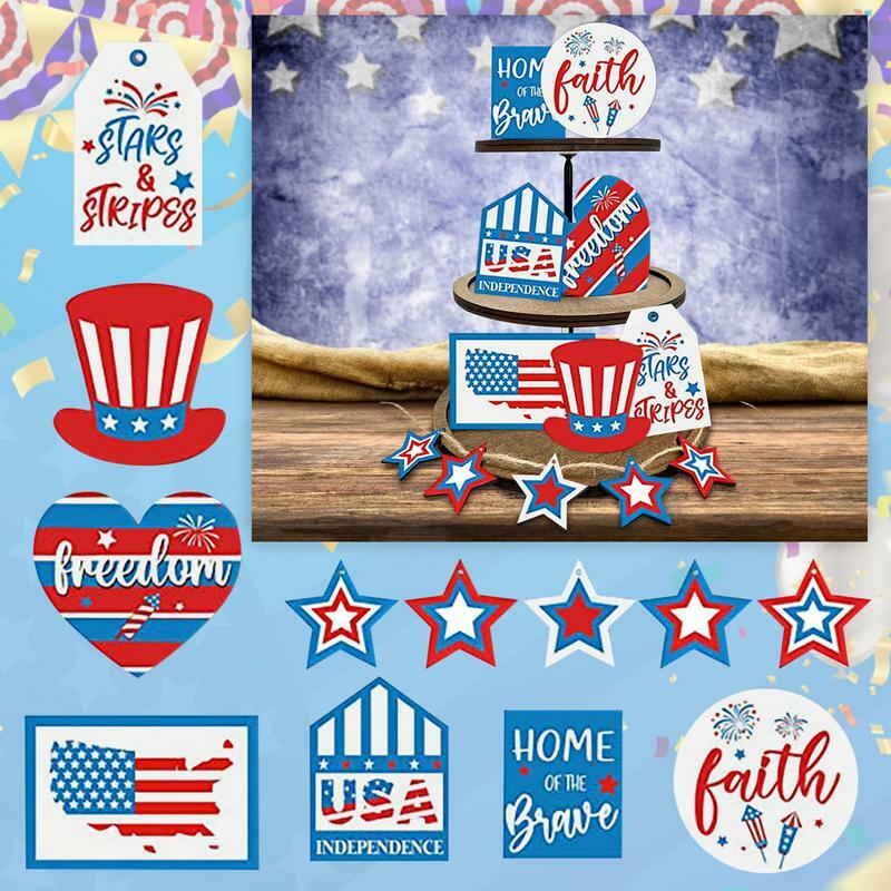 Patriotic Decorations Wooden Blocks Signs Independence Day Tiered Tray Decorations For Dinner Tables Memorial Day Rustic Party