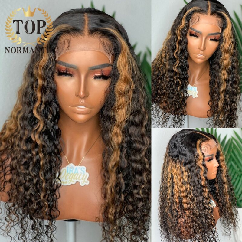 Perruque Lace Front Wig Deep Curly brésilienne naturelle, cheveux Remy, 13x6, pre-plucked, couleur à reflets, pour femmes
