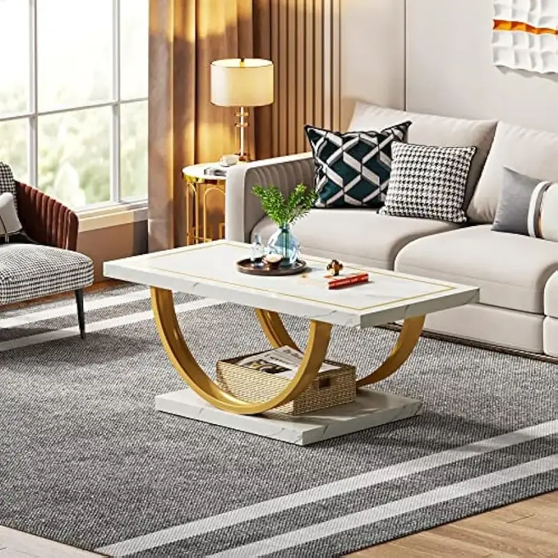 大理石のコーヒーテーブル,居間用,人工木材,白と金,モダンと長方形