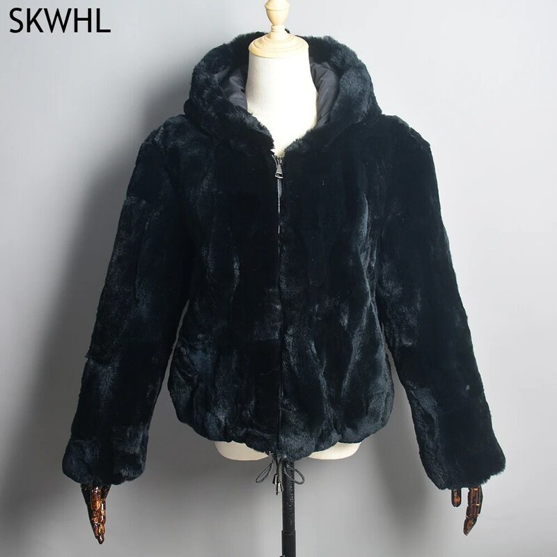 Роскошное Женское зимнее теплое пальто с капюшоном, пальто из натурального меха кролика Рекс, женское толстое пальто