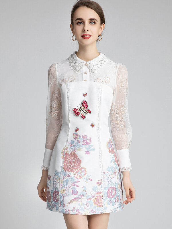 Vestido Jacquard de pasarela para mujer, ropa elegante con estampado de flores, manga farol, Peter Pan Colla, Primavera, 2023