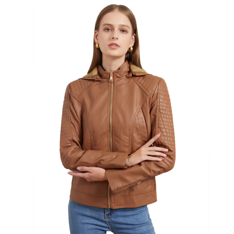 New plus size plus velvet PU women's leather hooded short coat in autumn and winter to keep warm and casual women's jacket.