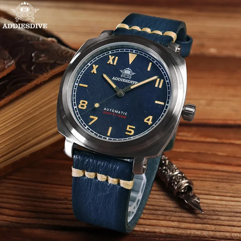 ADDIESDIVE Retro NH35A szafirowe szkło automatyczny zegarek mechaniczny 100m męski zegarek na rękę klasyczny skórzany Super zegarki podświetlane