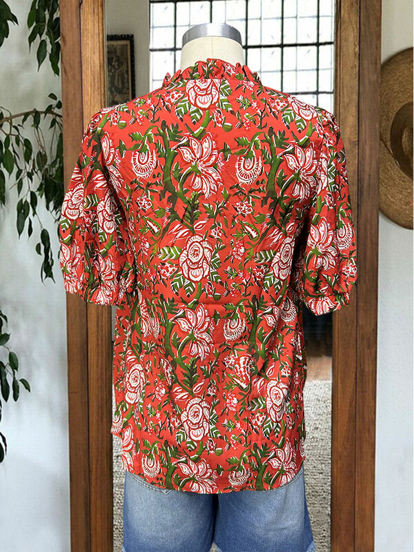 Vintage Bloemenprint V-Hals Poff Mouw Blouses Koraal Shirts