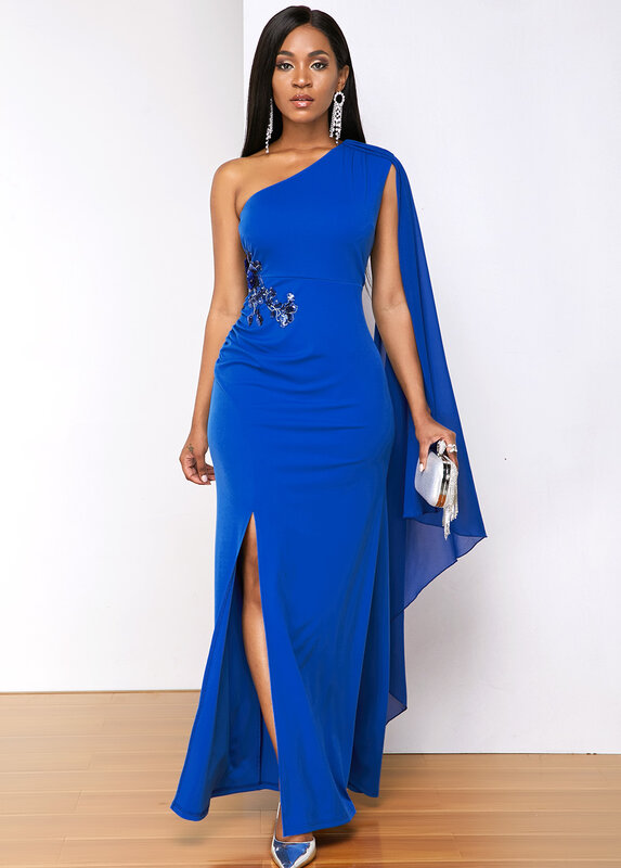 Pół formalne sukienki pełnej długości jedno ramię drapowane Royal Blue bez rękawów rozmiar płaszcza podzielone suknie na przyjęcia weselne damskie elastyczne