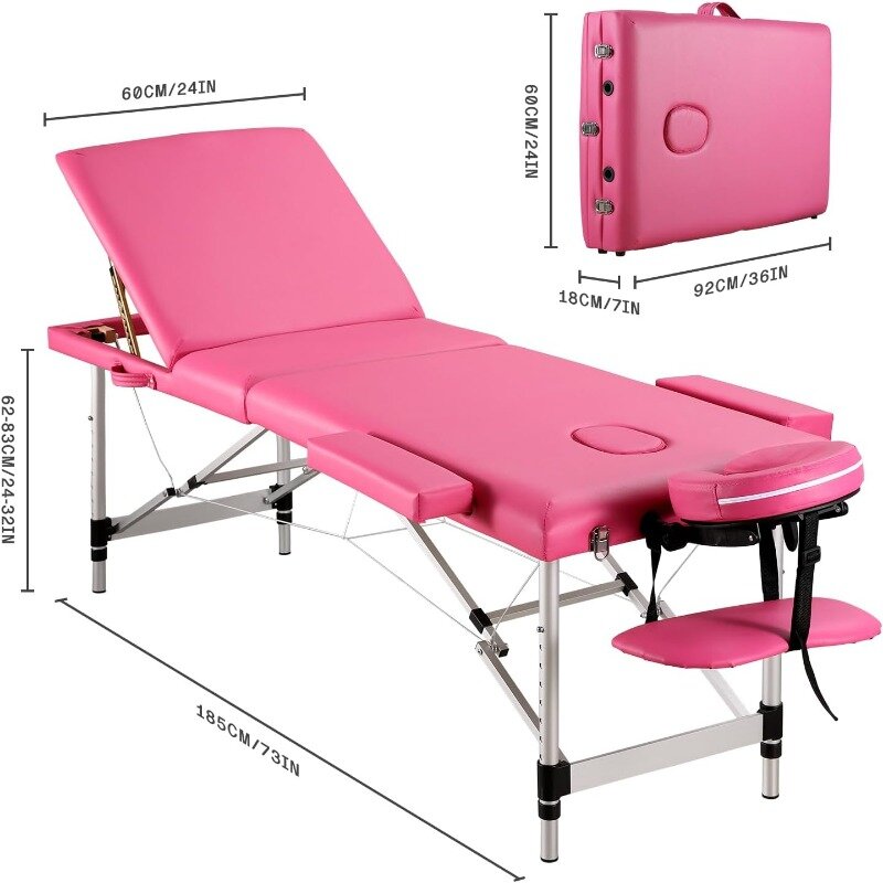 Portable Massage Table 3 Fold 23.6" Wide, Height Adjustable Aluminum Massage Bed with Headrest, Armrests and Carry Bag