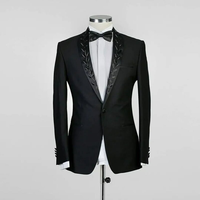 Formelle schwarze Perlen Männer Anzüge Hosen Set 2 Stück Blazer Hose Büro Bräutigam Hochzeit Smoking Einreiher Mantel maßge schneiderte Jacke