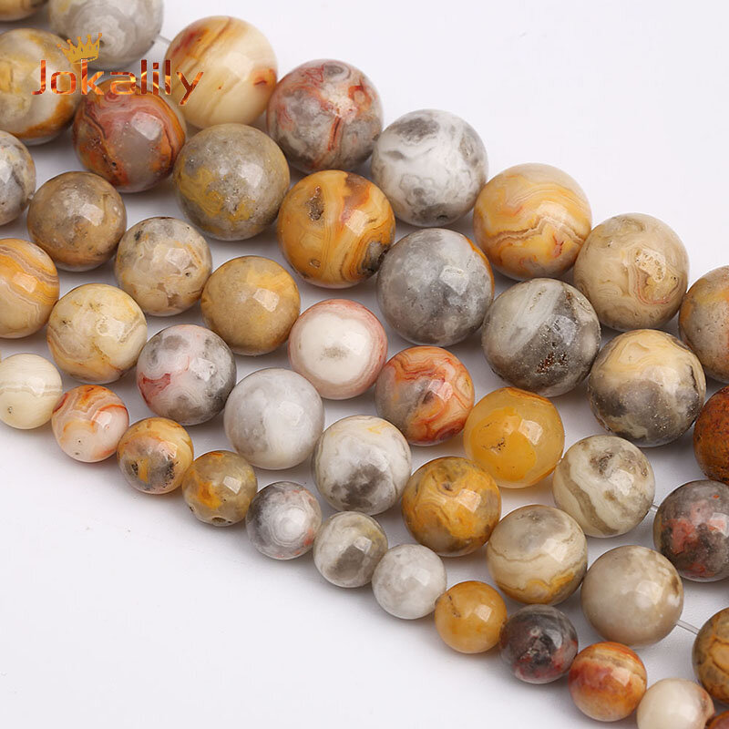 A + Manik-manik Batu Agate Renda Gila Kuning Alami untuk Membuat Perhiasan Bulat Manik-manik Longgar Diy Gelang Aksesori 4 6 8 10 12Mm 15"