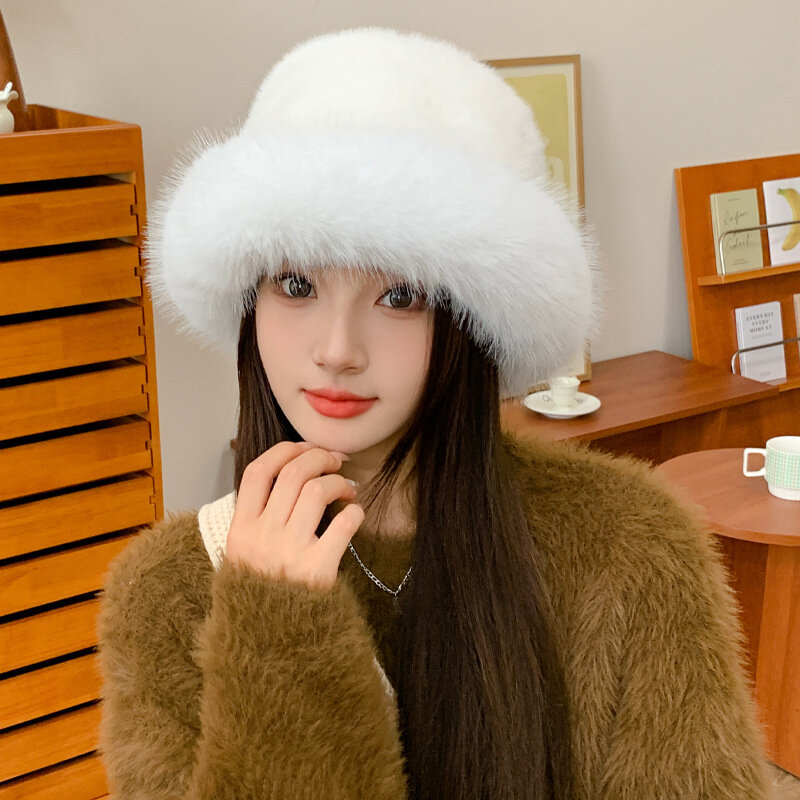 Winter Hat for Women Faux Fur Fluffy Bucket Hat for Women Luxury Plush Hat Thicken Snow Oversized Fur Bucket Hat Soft Panama Cap