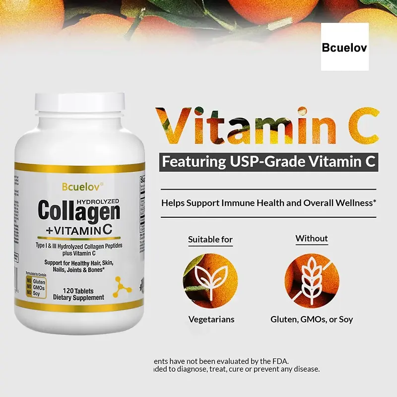Peptídeos de Colágeno Hidrolisados + Vitamina C Suporta Cabelo, Pele, Unhas, Articulações e Ossos-Contém Tipo I e III Peptídeos de Colágeno-Não-OGM