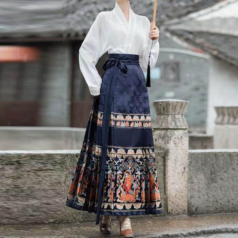 Printed Skirt with Ming Dynasty Weaving Chinese Style Skirt Chinese Style Retro Print Pleated Horse-face Hanfu Skirt for Women