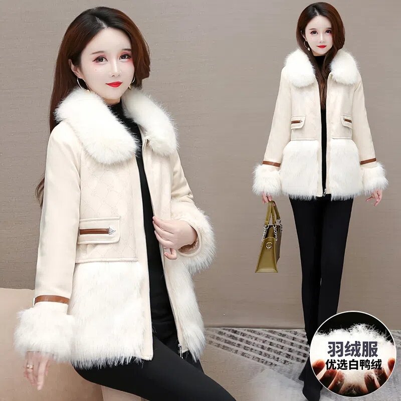 Jeden wysokiej jakości futrzany płaszcz puchowy nowy luźna moda Temperament zimowy ciepły biały kaczy puchowy płaszcz damski