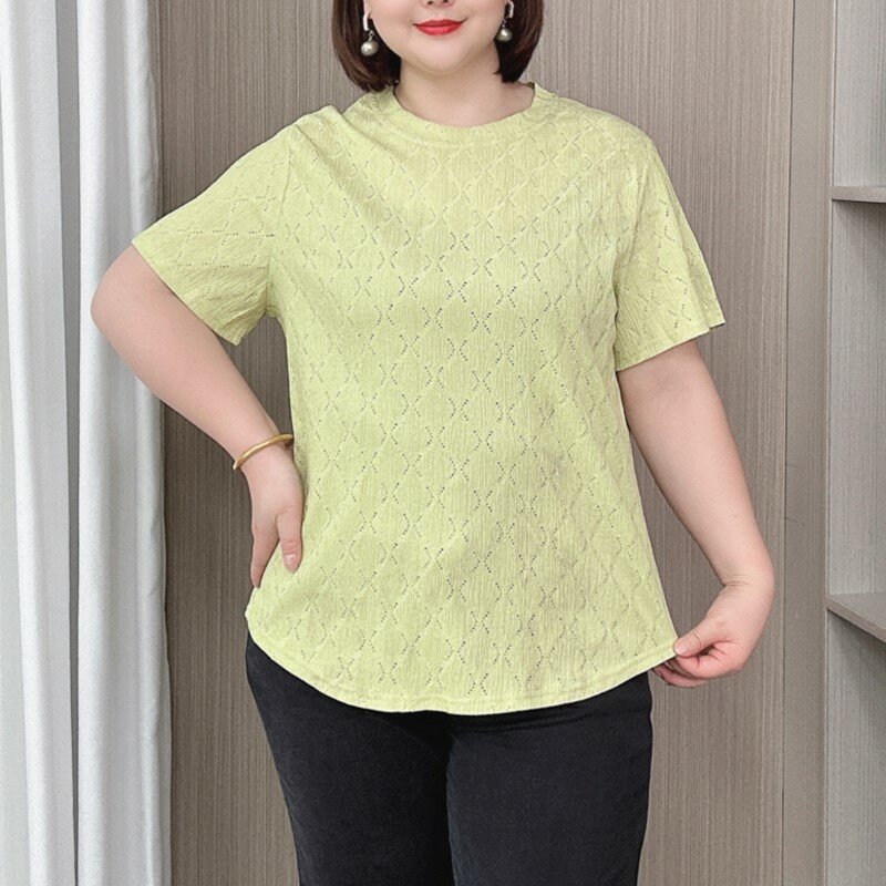 Loose Hollow Out Short Sleeve T-shirt Women Summer 2024 New Plus Size Casual Jacquard Tops