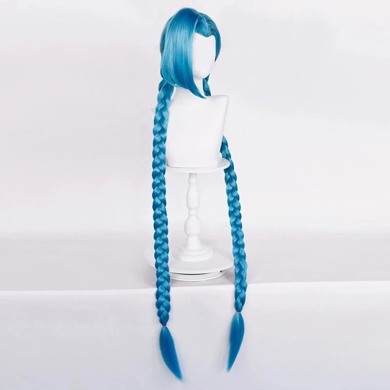 LOL Jinx Peluca de Cosplay larga trenzada azul, peluca de cañón suelto con trenza azul, pelucas de cabello sintético resistentes al calor + gorro de peluca