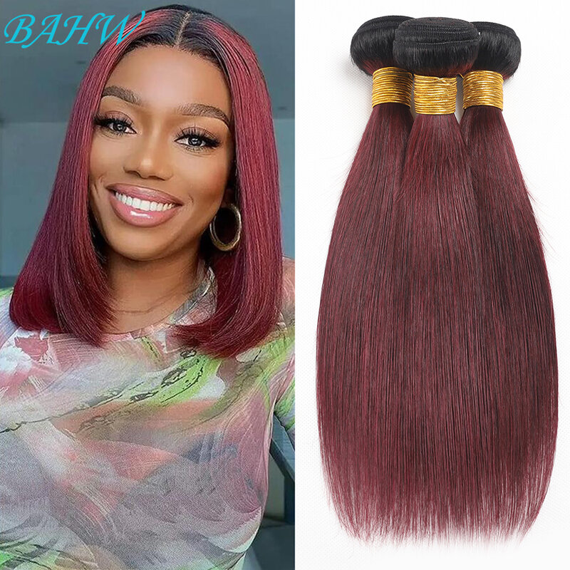 Bundel rambut manusia 100% lurus Burgundy, bundel jalinan rambut lurus merah T1B/99J 1/3/4 buah bundel ekstensi rambut mentah