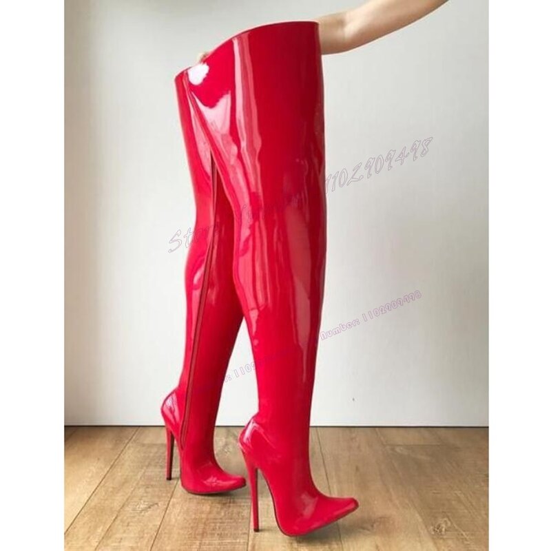 여성용 퍼플 익스트림 하이힐 부츠, 무릎 높이 뾰족한 토 신발, 특허 가죽 단색 신발, 2023 Zapatos Para Mujere