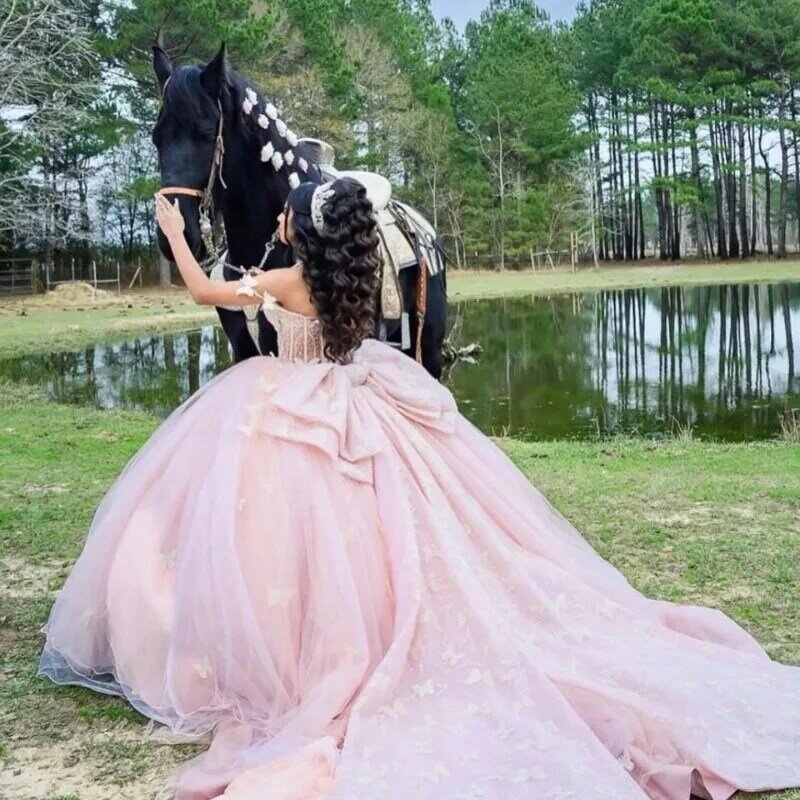 プリンセスキンセアニェラボールガウン、ピンクのチュールのアップリケ、肩のない、愛らしい16のドレス、15歳、mexican