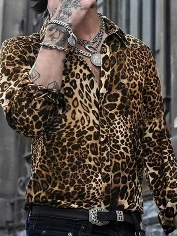 Мужская мягкая рубашка с длинным рукавом, Повседневная Уличная рубашка с 3D леопардовым принтом и пуговицами, с откидным воротником, 2024