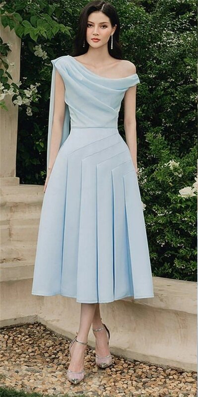 Błyszcząca, wykwintna, wysokiej jakości szyfonowa suknia balowa z odkrytymi ramionami sukienki Midi