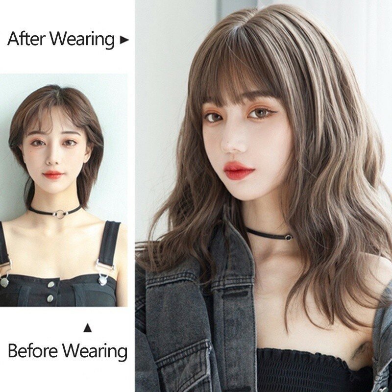 Perruques bouclées coréennes pour femmes, cheveux mi-longs avec frange à air, équipement de sauna complet, perruque moelleuse naturelle, 45cm