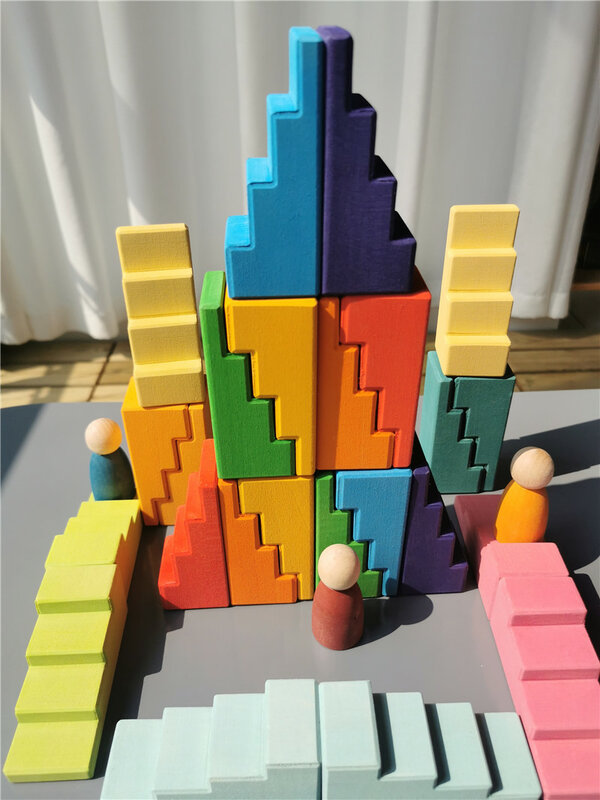 Conjunto de blocos de construção de madeira arco-íris pastel pisou telhados empilhando escadas para crianças jogo criativo