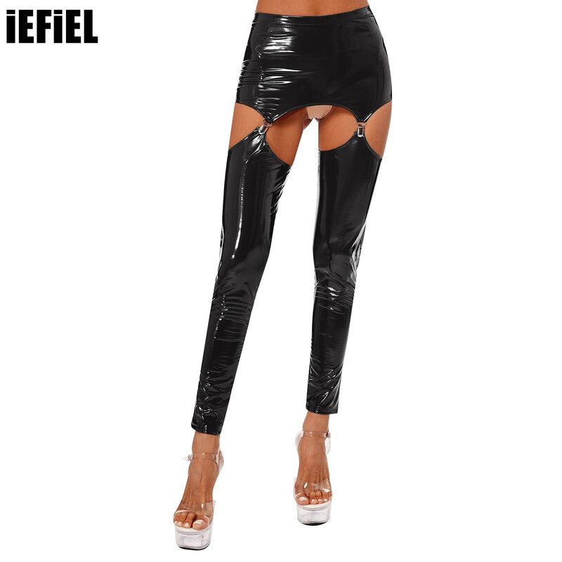 Womens Glossy Sexy Tights Pants Patent Leather Mini Skirt with Garter Clips Elastic Waist Thigh Cutout Leggings Sexy Clubwear