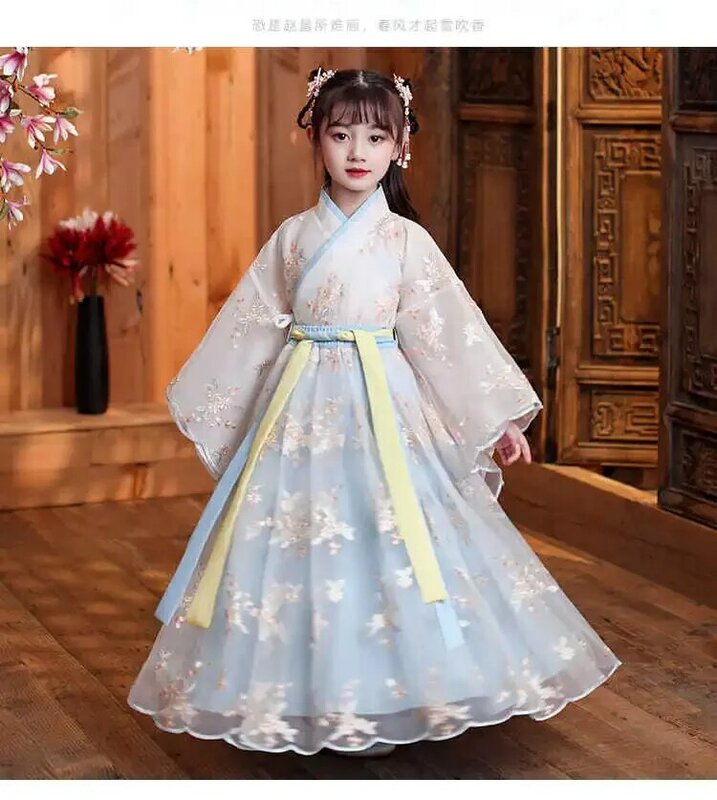Robe de seda chinês para meninas, quimono infantil, vestido de cosplay tradicional, conjunto hanfu, tradicional, vintage, étnico, antigo, dança