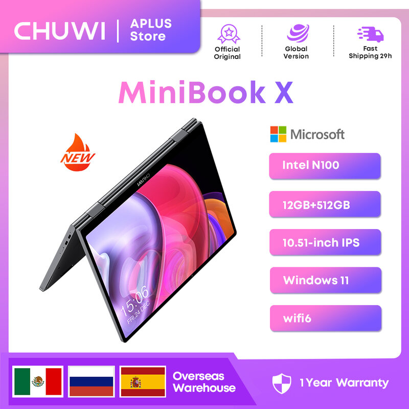 Chuwi minibook x 2-in-1 tablet laptop 10,51 zoll touchscreen 12gb lpddr5 512g ssd intel n100 hintergrund beleuchtete tastatur fenster 11 wifi 6