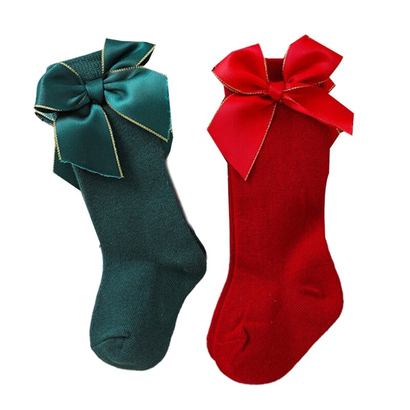 Рождественские носки для маленьких девочек с украшением в виде бантика, детские носки до колена